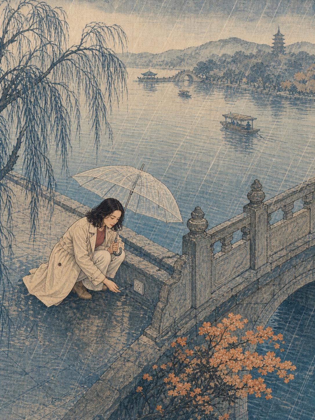 杭州西湖雨脚行旅木版